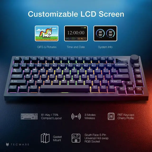 Alt view image 4 of 5 - TECWARE Spectre 75% RGB Mechanical Gaming Keyboard with Customizable LCD Screen, Multi-Function Knob, Gasket Mount, South Face 5-Pin Universal Hot-Swappable Sockets Black Cocoa Brown Switch