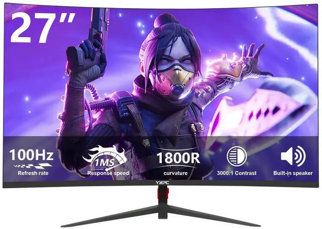 Main image of YXPC 27 inch Curved Gaming Monitor 100Hz (1920x1080P) VA Panel 1800R, Built-in Speakers,98% sRGB Professional Computer Monitors, 3Sides Frameless, Flicker-Less,Blue Light Filter, for Office Gaming