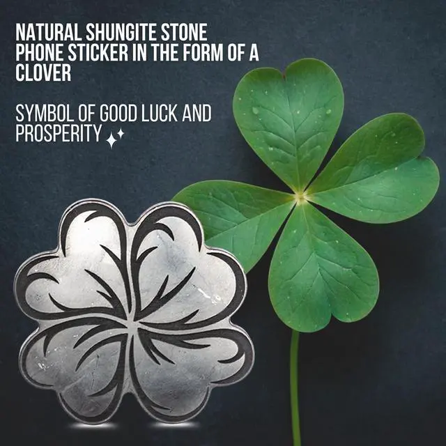 Alt view image 3 of 5 - Shungite Stickers for Cell Phone Tablet Laptop - Protection Plate 1 Piece - Large Size 1.69"  1.69" - Clover with Engraving - Authentic Shungite II Type