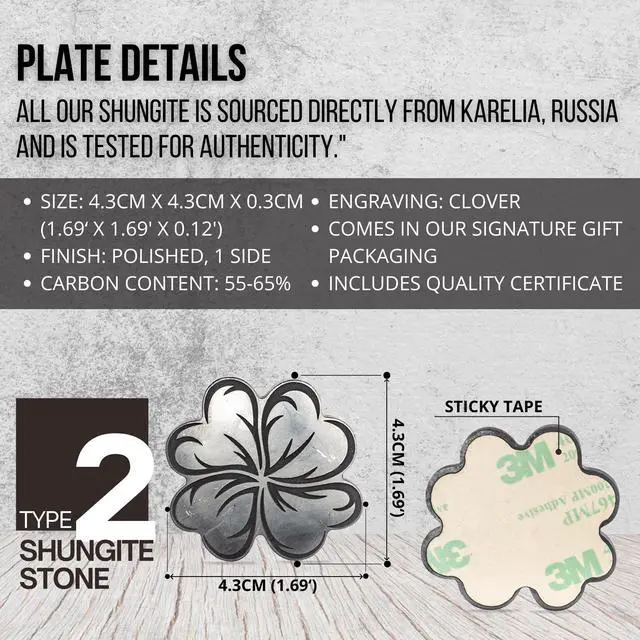 Alt view image 2 of 5 - Shungite Stickers for Cell Phone Tablet Laptop - Protection Plate 1 Piece - Large Size 1.69"  1.69" - Clover with Engraving - Authentic Shungite II Type