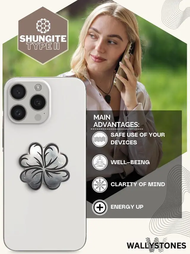 Alt view image 4 of 5 - Shungite Stickers for Cell Phone Tablet Laptop - Protection Plate 1 Piece - Large Size 1.69"  1.69" - Clover with Engraving - Authentic Shungite II Type