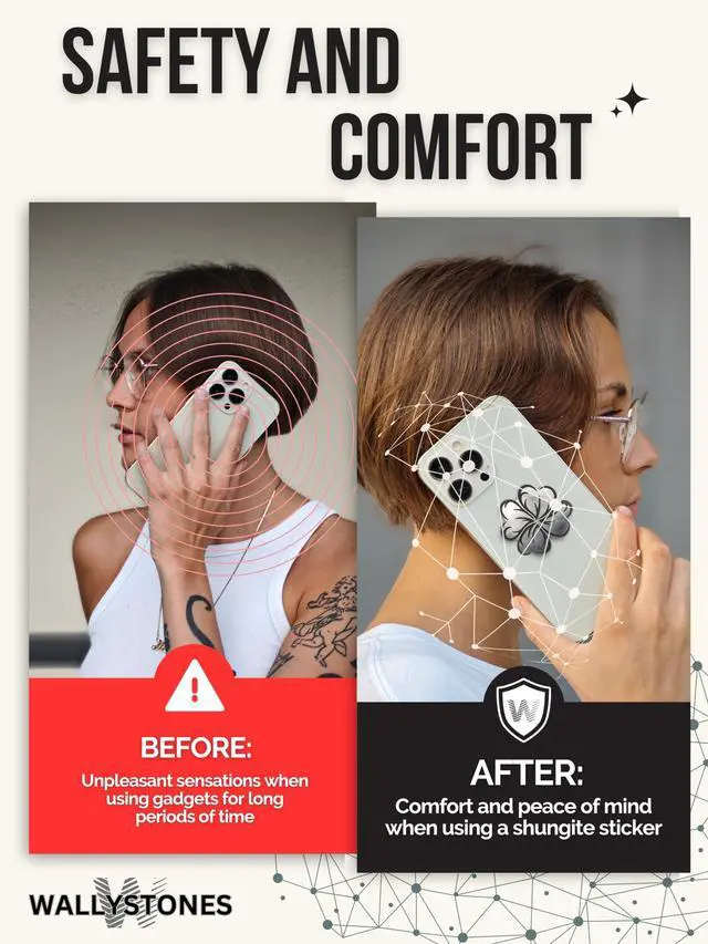 Alt view image 5 of 5 - Shungite Stickers for Cell Phone Tablet Laptop - Protection Plate 1 Piece - Large Size 1.69"  1.69" - Clover with Engraving - Authentic Shungite II Type