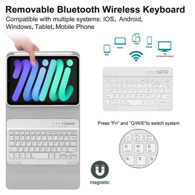 Alt view image 3 of 5 - WINCHKING Keyboard Case for iPad mini (A17 Pro) 7th Generation/Mini 6th Gen 8.3 Inch,Slim and Lightweight,Detachable Wireless Keyboard Folio Case with Pencil Holder for iPad mini 7/6 (Light Gray)