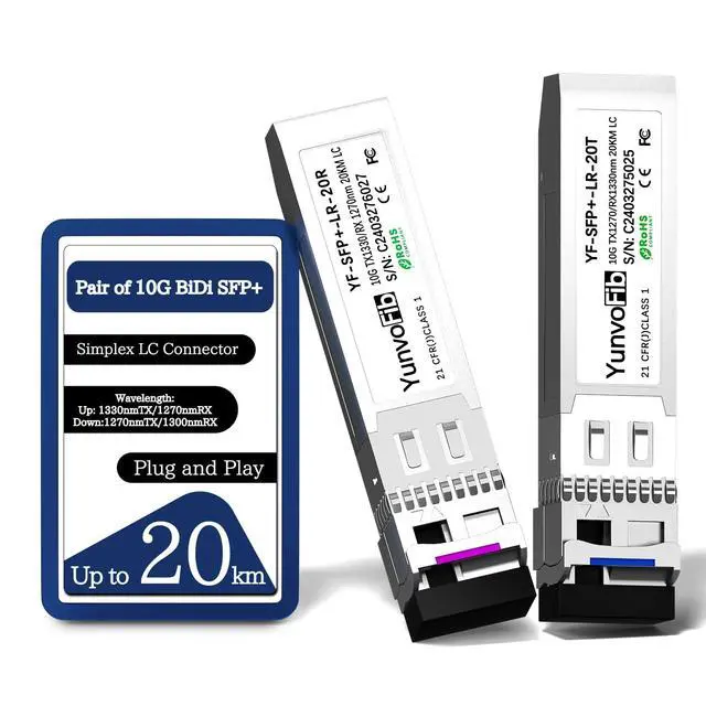 Alt view image 2 of 5 - 10G BiDi SFP+ Module 20km - 10GBase BiDi SFP+ Module 1270nm TX 1330nm RX & BiDi SFP+ Transceiver 1330nm TX 1270nm RX, LC Single Mode SFP+ Module DDM for Cisco Mikrotik Ubiquiti