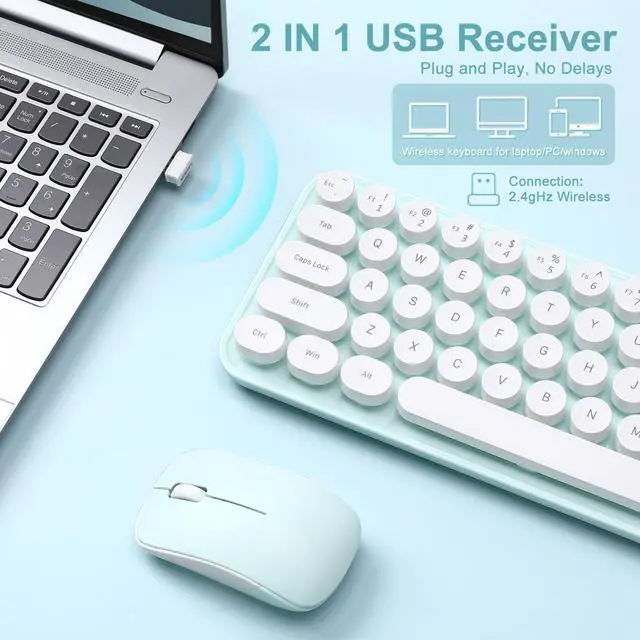 Alt view image 3 of 5 - MIKIBY i68 Wireless Typewriter Keyboard and Mouse Combo,2.4GHz Cordless Connection, Cute Retro Aesthetic Design Round Keycaps for Tablet, Phone, PC and Win/Mac/Android(Green)