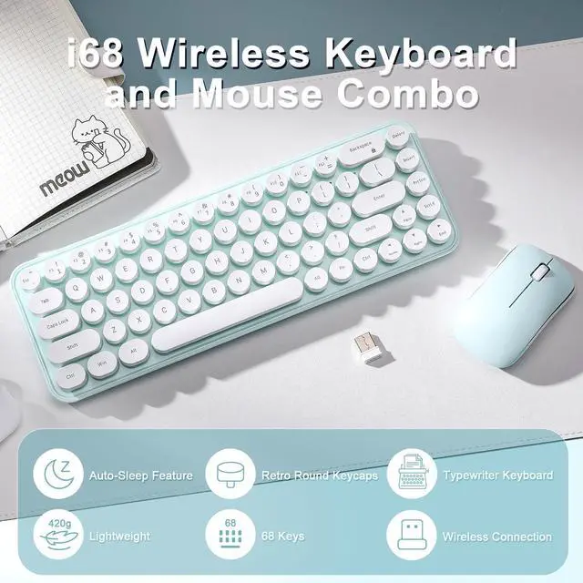 Alt view image 2 of 5 - MIKIBY i68 Wireless Typewriter Keyboard and Mouse Combo,2.4GHz Cordless Connection, Cute Retro Aesthetic Design Round Keycaps for Tablet, Phone, PC and Win/Mac/Android(Green)