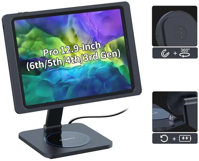 Main image of EMONITA Foldable Magnetic Stand with Charging Case A10 for iPad Pro (6th / 5th / 4th / 3rd Generation) 12.9-Inch. Strong Magnets, 360 Rotation, 90 Tilt, 45W Fast Charger Adapter USB C Cable Included