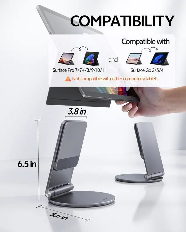 Alt view image 3 of 5 - LULULOOK Stand for Surface Pro/Go - Aluminum Alloy 360° Swivel Base, Foldable Tablet Holder/Riser for Microsoft Surface Pro 711 & Go 24 | Portable Office Desk Accessories, Gray