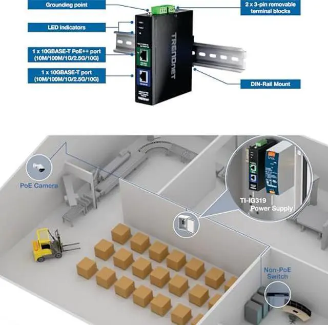 Alt view image 2 of 5 - TRENDnet Industrial 10G PoE++ Injector, TI-IG319, 1 x 10 Gigabit PoE++ Port (Data + PoE Out), 1 x 10 Gigabit Port (Data in), Supports PoE (15.4W), PoE+ (30W), NDAA & TAA Compliant