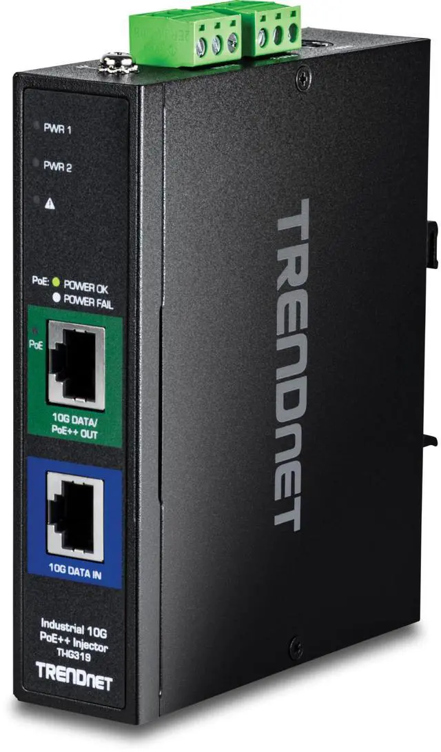 Main image of TRENDnet Industrial 10G PoE++ Injector, TI-IG319, 1 x 10 Gigabit PoE++ Port (Data + PoE Out), 1 x 10 Gigabit Port (Data in), Supports PoE (15.4W), PoE+ (30W), NDAA & TAA Compliant