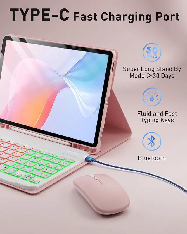 Alt view image 4 of 5 - Keyboard Case for Samsung Galaxy Tab A7 10.4 inch 2020 Cover - 7 Color Rainbow Change Backlit Detachable Magnetic Keyboard with S Pen Holder with Mouse - Pink