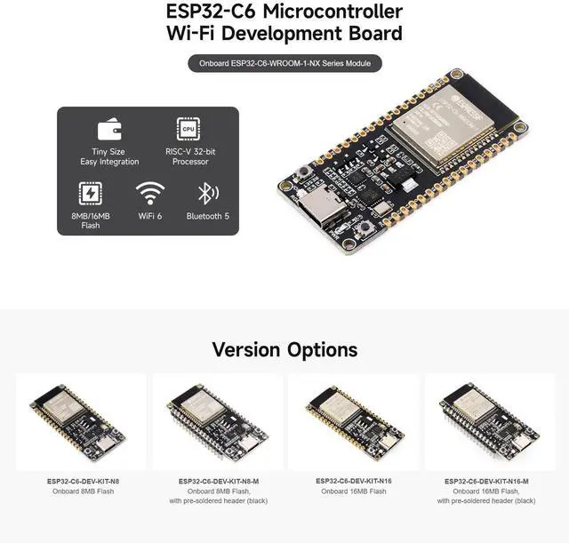 Alt view image 3 of 5 - 2PCS Waveshare ESP32-C6 Microcontroller, WiFi 6 Development Board, 160MHz Single-Core Processor, ESP32-C6-WROOM-1-N8 Module, Supports USB and UART Development with Pre-soldered Header