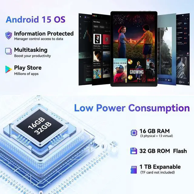 Alt view image 3 of 5 - Tablet 10 Inch Android 15 OS GMS Certified Tablets PC 1.8 GHz 5-Core 16 (3+13) GB RAM 32 GB ROM 1 TB Expandable 1280x800 HD IPS Touch Screen 5000 mAh WiFi 6 Bluetooth 5.4 Dual Camera 2025 (Black)