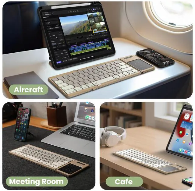 Alt view image 2 of 5 - Nillkin Pocket Foldable Wireless BT Keyboard with Touchpad Number Pad for Study, Bussiness Trip, Travel Meeting for Tablet, Mobile Phone,Laptop, Full Size (Small) Keyboard (Khaki)