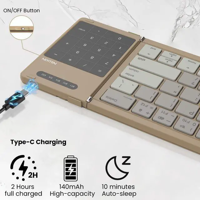 Alt view image 5 of 5 - Nillkin Pocket Foldable Wireless BT Keyboard with Touchpad Number Pad for Study, Bussiness Trip, Travel Meeting for Tablet, Mobile Phone,Laptop, Full Size (Small) Keyboard (Khaki)