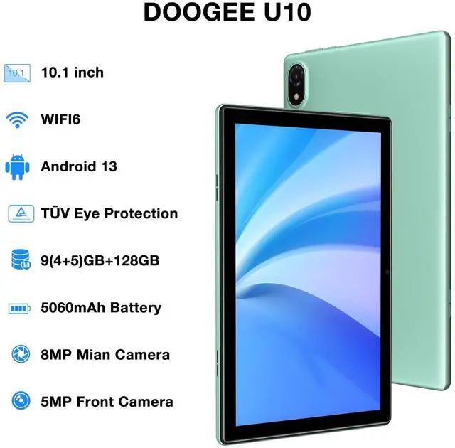 Alt view image 2 of 5 - DOOGEE U10 Android Tablet, 9GB RAM + 128GB ROM(TF 1TB) Android 13 Tablet Quad-Core 2.0 GHz, 10.1" Display | 5060mAh | TÜV Low Bluelight, Widevine L1 | 8MP+5MP | Bluetooth 5.0 | WiFi-6 | OTG-Green