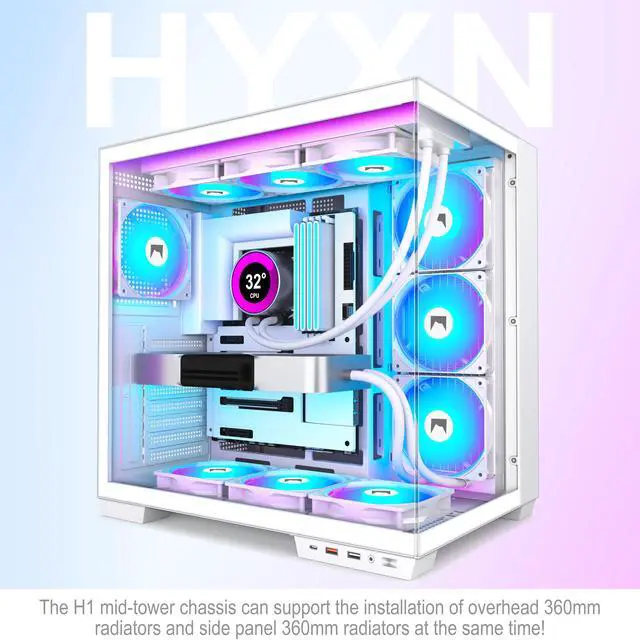 Alt view image 2 of 5 - HYXN H1 HYXN ATX PC Case - Pre-Installed with 7 PWM ARGB Fans - Dual Cavity Mid-Tower PC Gaming Case - with Type-C - Can Hold up to 3X 360mm heatsinks simultaneously (White, H1)