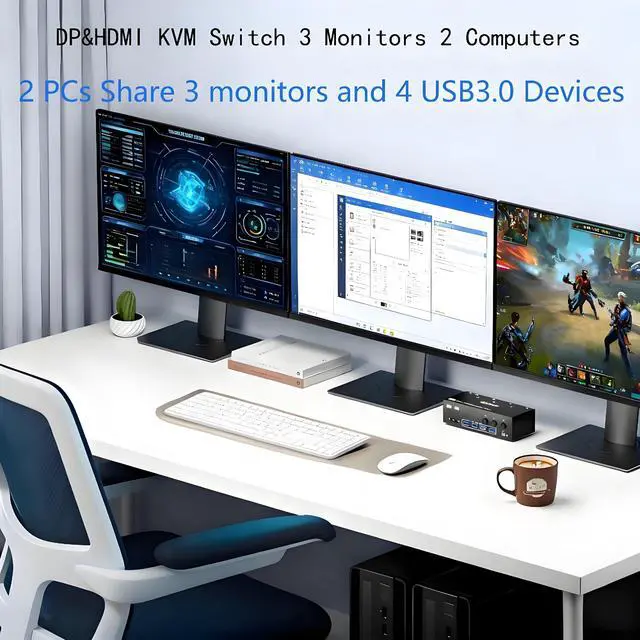Alt view image 2 of 5 - 8K KVM Switch 3 Monitors 2 Computers 8K@60Hz 4K@144Hz,3 Monitors KVM Switch for 2 Computers Sharing Triple Monitors,Keyboard,Mouse,Printer with 2*USB3.0 Cables,Power Adapter and Controller