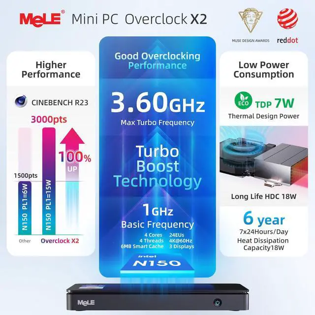 Alt view image 3 of 5 - MeLE Mini PC with Win-11-Pro,Micro Desktop Computer Overclock 4C N150 16GB RAM DDR4 512GB SSD, 4K Triple Display, USB-C, USB3.2/WiFi/BT/Ethernet on Business Home Office Linux Portable PCnot Fanless