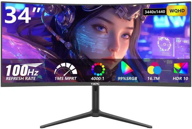 Main image of YXPC 34 inch Curved Gaming Ultrawide Monitor 100hz 3440x1440,1ms(MPRT), 21:9,4000:1,1500R,PIP/PBP, HDR, 300nits, sRGB 99%,Blue Light Filter, HDMI 2.0×2,DP 1.4×2Lifting Base, Supports Wall mounting