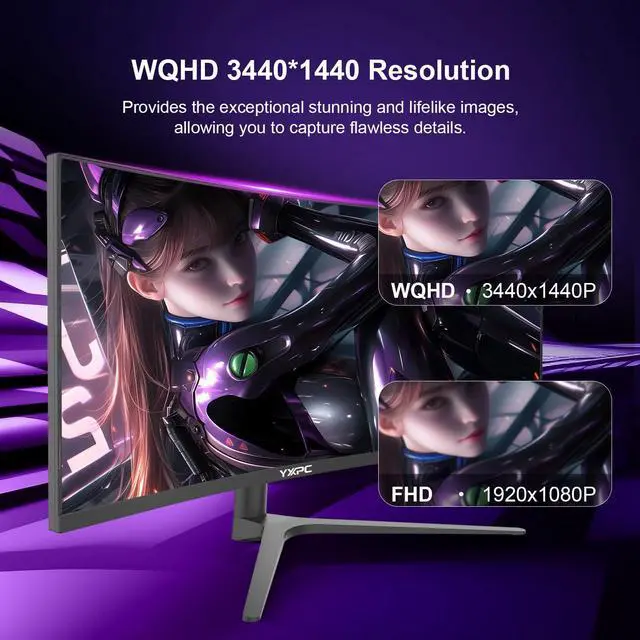 Alt view image 3 of 5 - YXPC 34 inch Curved Gaming Ultrawide Monitor 100hz 3440x1440,1ms(MPRT), 21:9,4000:1,1500R,PIP/PBP, HDR, 300nits, sRGB 99%,Blue Light Filter, HDMI 2.0×2,DP 1.4×2Lifting Base, Supports Wall mounting