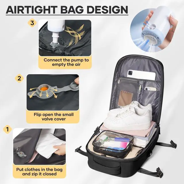 Alt view image 5 of 5 - WEFLIER Vacuum Backpack Travel, Travel Vacuum Bags with Pump, Airline Approved 18x14x8 Personal Item Size Carry on Laptop Backpacks, Mochila compresion al vacio, Black