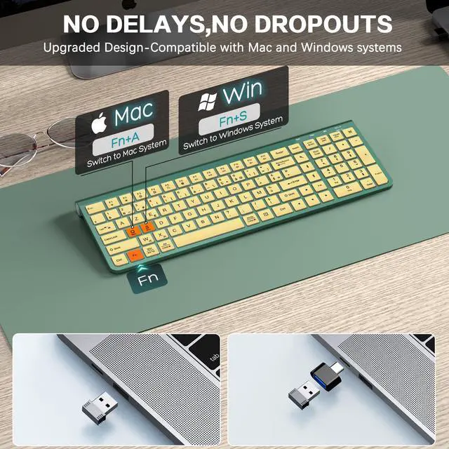 Alt view image 5 of 5 - JOYACCESS Slim Compact Wireless Keyboard - Full-Size Silent Keys & Ergonomic Design, Number Pad & Dustproof Cover for Windows/Mac - Emerald Green