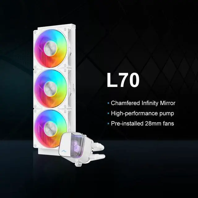Alt view image 2 of 5 - SAMA L70 360mm ARGB CPU Liquid Cooler,CPU PC AIO Water Cooler,Chamfered Infinity Mirror,High-Performance Ceramic Pump,with 28mm Hydraulic Bearing Fans,Intel LGA 1851/1700/1200/115X&AMD AM5/AM4,White
