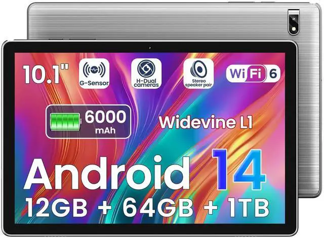 Main image of TPZ Tablet, 10.1 inch, Android 14 Tablets, Octa-Core, 12GB RAM + 64GB ROM (1TB Expand), 6000mAh Battery, 2.4G+5G Wi-Fi 6, 2MP+8MP Cameras, Bluetooth, 1280x800 FHD IPS (Gray)