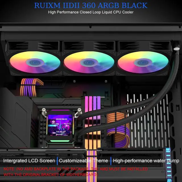 Alt view image 2 of 5 - RUIXMIIDII AIO CPU Liquid Cooler with 2.8in IPS LCD Screen Display, 320 * 320 Resolution, 360mm AIO Cooler ARGB PWM Fans, CPU Water Cooler for AM5/AM4, Intel LGA 1851/1700/2066/1200/115X/2011, Black