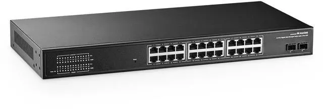 Main image of MokerLink 26 Port Gigabit Managed Switch, 24 Port GE, 2 x 1G SFP, L2 Smart Web Managed, Rackmount Fanless, QoS Vlan IGMP ACL