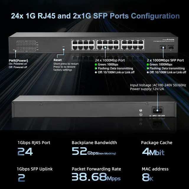 Alt view image 3 of 5 - MokerLink 26 Port Gigabit Managed Switch, 24 Port GE, 2 x 1G SFP, L2 Smart Web Managed, Rackmount Fanless, QoS Vlan IGMP ACL