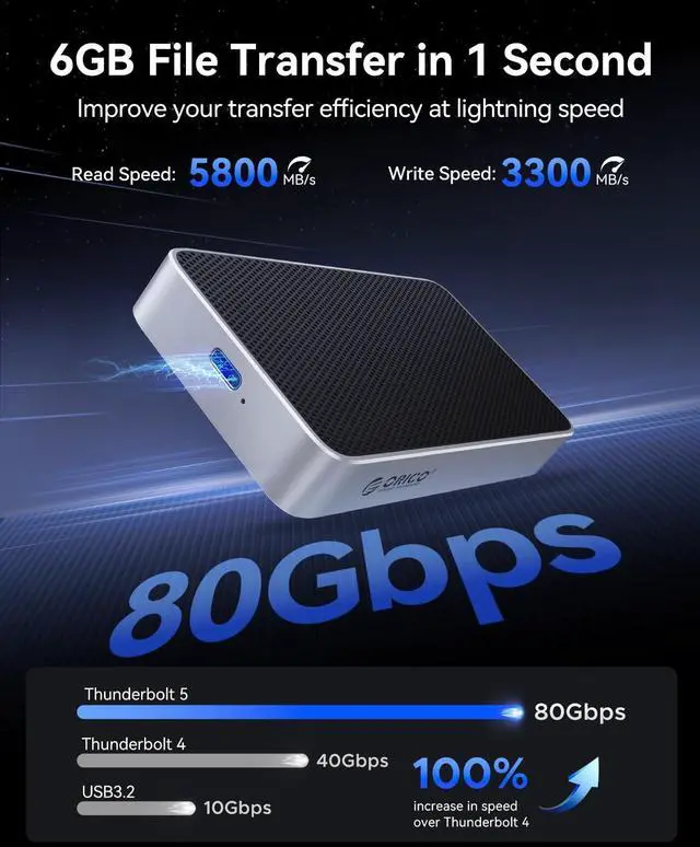 Alt view image 2 of 5 - ORICO 80Gbps 2TB Portable SSD, 5800MB/s R 3300MB/s W Portable Fanless Cooling Design, Aluminum Alloy, Compatible with Thunderbolt 5/4/3, Ultra-Fast External SSD, for Video Editing/Photography/Design