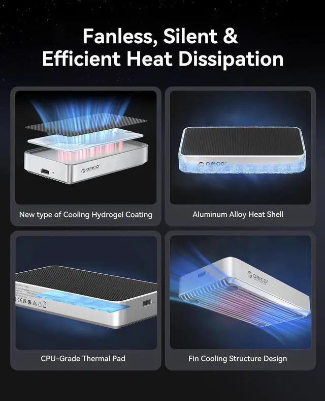 Alt view image 4 of 5 - ORICO 80Gbps 2TB Portable SSD, 5800MB/s R 3300MB/s W Portable Fanless Cooling Design, Aluminum Alloy, Compatible with Thunderbolt 5/4/3, Ultra-Fast External SSD, for Video Editing/Photography/Design