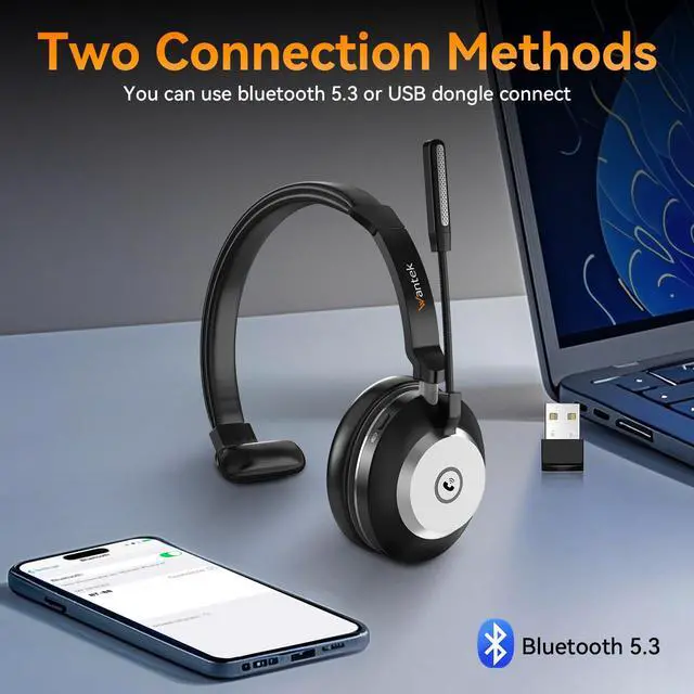 Alt view image 3 of 5 - Wantek Bluetooth Headset with USB Dongle for Computer, Single-Ear Wireless Headset with Noise Cancelling Microphone for Office & Truckers, Bluetooth V5.3 with Mute Button for Work