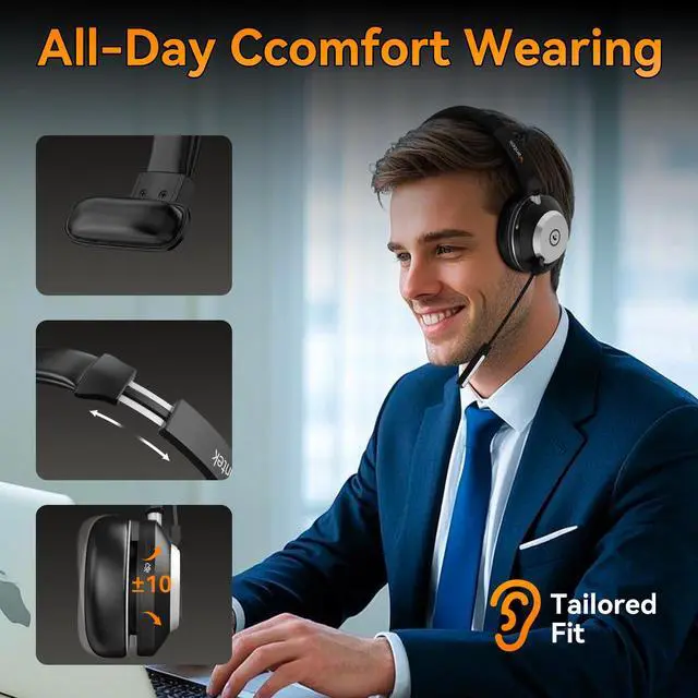 Alt view image 5 of 5 - Wantek Bluetooth Headset with USB Dongle for Computer, Single-Ear Wireless Headset with Noise Cancelling Microphone for Office & Truckers, Bluetooth V5.3 with Mute Button for Work
