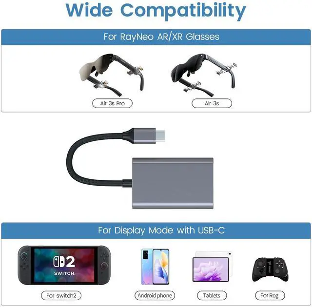 Alt view image 2 of 5 - USB C to C Charging Hub for RayNeo Air 3s AR Glasses, PD 100W Charger Adapter Compatible with Nintendo Switch 2, ROG Ally, PS4/5, Xbox, Mac mini, Laptops & DP Alt Mode Devices, 4K@60Hz Output