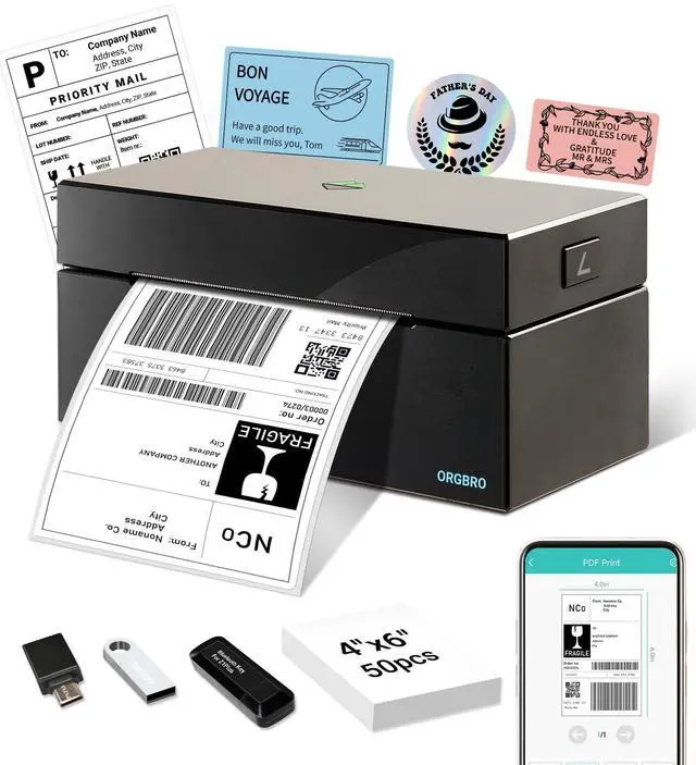Main image of ORGBRO Bluetooth Thermal Shipping Label Printer, Z1-Plus Wireless 4X6 Shipping Label Printer for Small Business Office or Home Support iPhone Android Windows macOS Chrome Amazon Ebay Shopify USPS