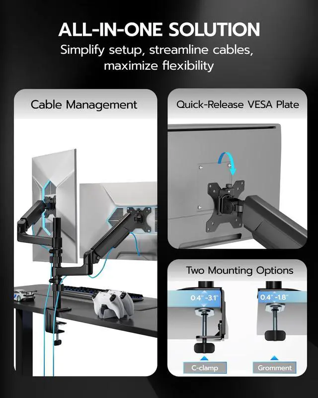 Alt view image 3 of 5 - ARES WING Dual Monitor Mount - Ultrawide Monitor Arm for 17 to 35 Inch Heavy Duty Curved Screen up to 24 lbs with Clamp/Grommet Desk Mount, 75/100 Vesa Mount, Black