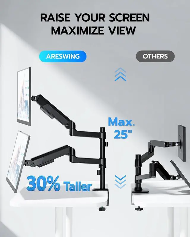 Alt view image 4 of 5 - ARES WING Dual Monitor Mount - Ultrawide Monitor Arm for 17 to 35 Inch Heavy Duty Curved Screen up to 24 lbs with Clamp/Grommet Desk Mount, 75/100 Vesa Mount, Black