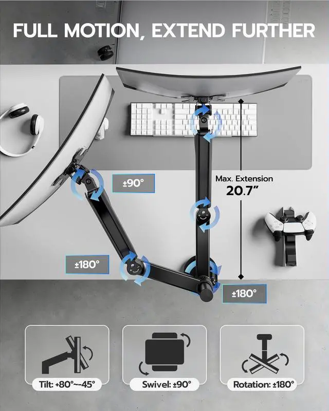 Alt view image 5 of 5 - ARES WING Dual Monitor Mount - Ultrawide Monitor Arm for 17 to 35 Inch Heavy Duty Curved Screen up to 24 lbs with Clamp/Grommet Desk Mount, 75/100 Vesa Mount, Black