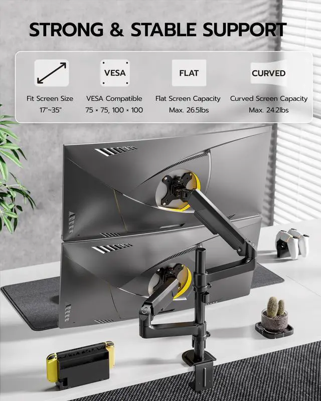 Alt view image 2 of 5 - ARES WING Dual Monitor Mount - Ultrawide Monitor Arm for 17 to 35 Inch Heavy Duty Curved Screen up to 24 lbs with Clamp/Grommet Desk Mount, 75/100 Vesa Mount, Black