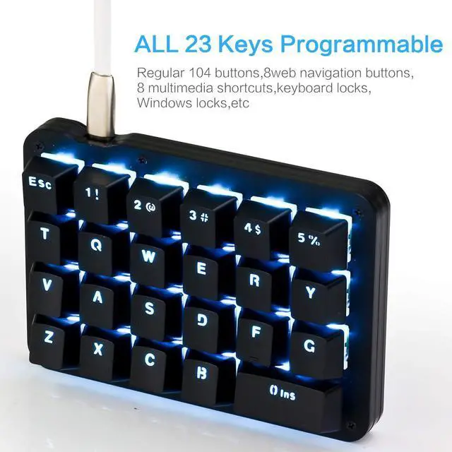 Alt view image 3 of 5 - Koolertron One Handed Macro Mechanical Keyboard, Blue LED Backlit Portable Mini One-Handed Mechanical Gaming Keypad 23 Fully Programmable Keys Red Switches (Blue Backlit/Red switches)