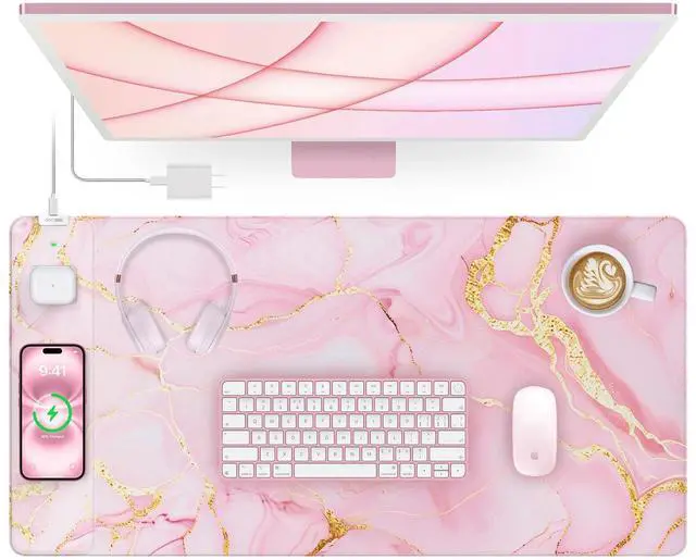 Main image of Wireless Charging Mouse Pad, 31.5"x15.8" Large Gaming Desk Mat for Keyboard/Laptop, Waterproof Ultra-Smooth Surface, Non-Slip Base, with 20W PD Adapter, Pink Marble