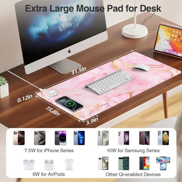Alt view image 3 of 5 - Wireless Charging Mouse Pad, 31.5"x15.8" Large Gaming Desk Mat for Keyboard/Laptop, Waterproof Ultra-Smooth Surface, Non-Slip Base, with 20W PD Adapter, Pink Marble