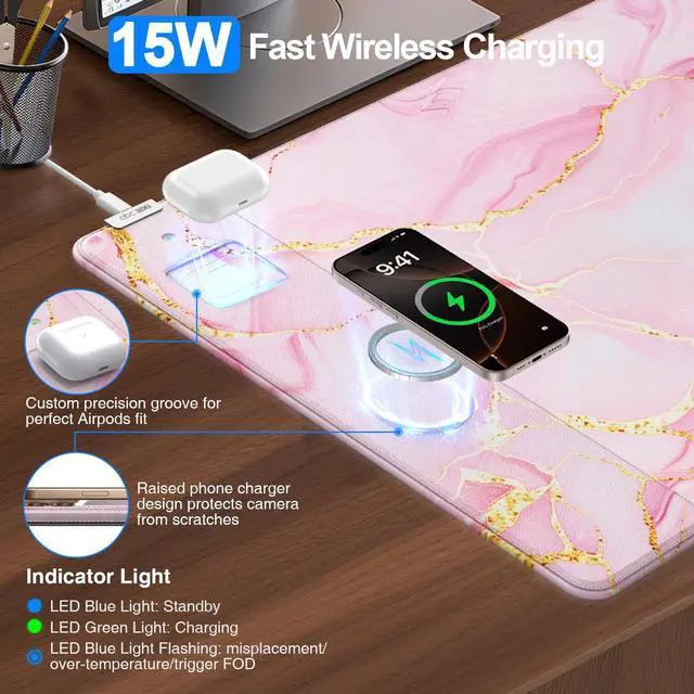 Alt view image 2 of 5 - Wireless Charging Mouse Pad, 31.5"x15.8" Large Gaming Desk Mat for Keyboard/Laptop, Waterproof Ultra-Smooth Surface, Non-Slip Base, with 20W PD Adapter, Pink Marble