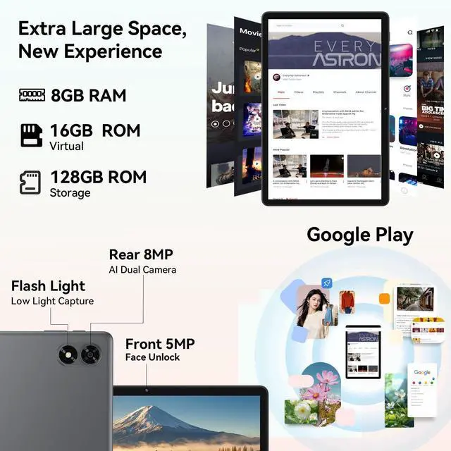 Alt view image 4 of 5 - Tablet 11 inch Android 15 Tablets, 24GB RAM + 128 Storage(Expandable up to 2TB), Android Tablet with Case, Octa-Core, IPS HD Display, 13 MP Dual Camera, 8000mAh, 5GWiFi, GPS, Bluetooth 5.0 (Black)