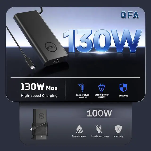 Alt view image 2 of 5 - QFA 130W USB C Laptop Charger Replacement for Dell Latitude 7410 7310 7210 9410 9510 9575 5420 5520 5510 Precision 5570 5560 5550 5530 5760 5750 XPS 15 9520 9530 9720 9730 2-in-1 AC Power Supply Cord