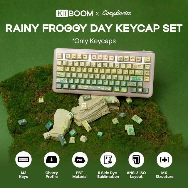 Alt view image 2 of 5 - KiiBoom X Cosydiaries Rainy Froggy Day Keycap Set, 144 Keycaps, PBT Custom Keycaps for Mechanical Keyboard, Compatible with ANSI/ISO, 60%, 65%, 75%, TKL, Full-Sized Layout (Cherry Profile)