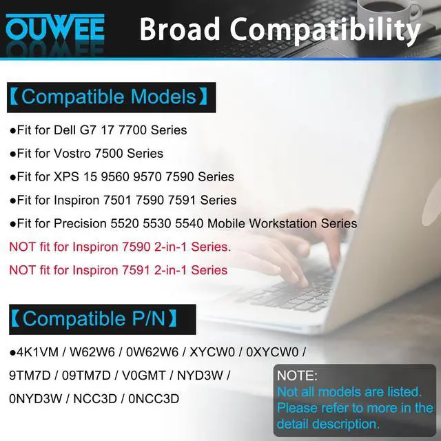 Alt view image 3 of 5 - OUWEE 4K1VM Laptop Battery Compatible with Dell Inspiron 7500 7501 7700 5520 5530 5540 vostro 7500 g7 17 7700 XPS 15 9560 9570 7590 Series W62W6 9TM7D XYCW0 NYD3W 97Wh 8070mAh 11.4V